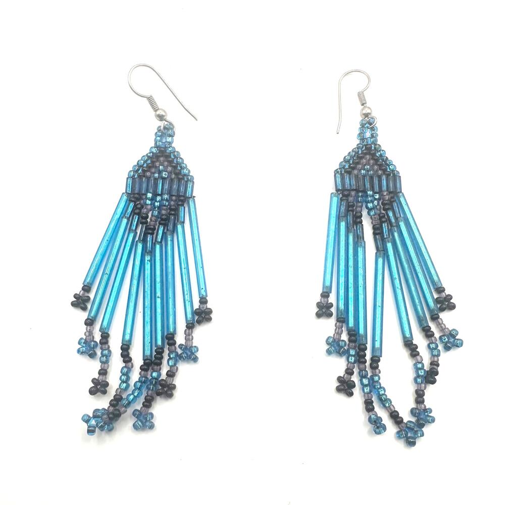 Fringe Beaded Earring Boho Jewelry Long Dangle Drop Blue Casual Statement